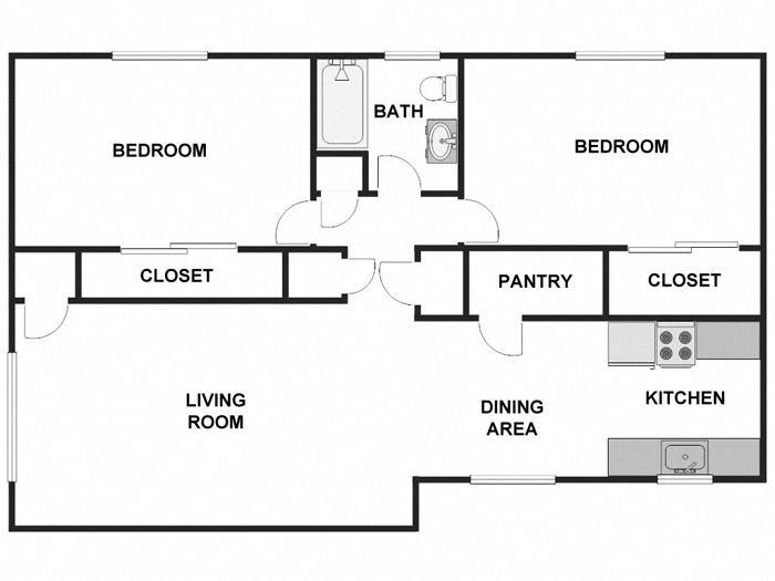 Floor plan for 2 beds, 1 bath, 900 sqft